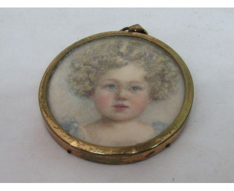 Mary Mellops? late 19th century British school - Bust length miniature&nbsp;portrait of a curly haired blue eyed child in blu