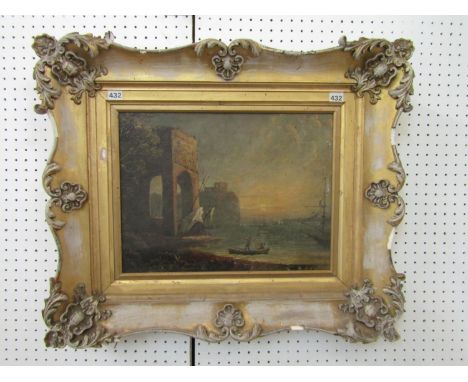 19th century school in the manner of Claude Lorrain (French 1600-1682) - Classical style harbour scene at sunset, with figure