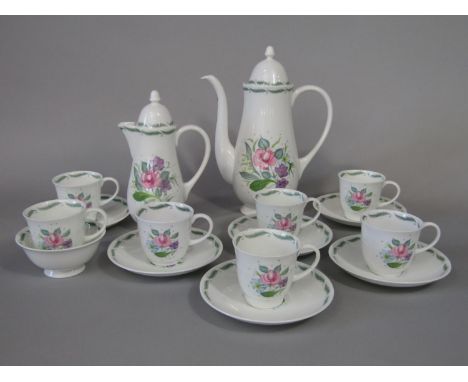 A collection of Susie Cooper Fragrance pattern coffee wares comprising coffee pot, covered milk jug, sugar bowl, six cups and