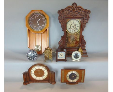 A mixed collection of various vintage mantle and wall clocks to include Metamec examples, a gingerbread type clock, a miniatu