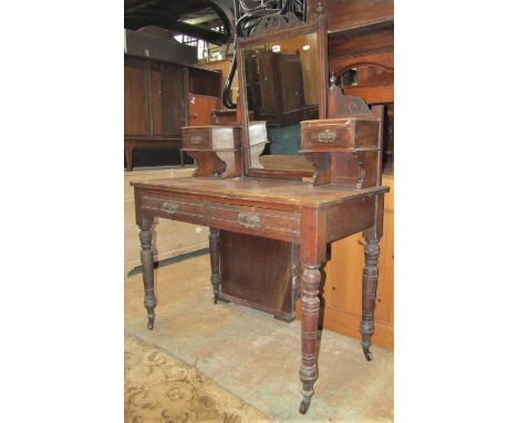 An Edwardian walnut dressing table together with a timber lathe and steel banded dome top trunk, a late Victorian coal scuttl