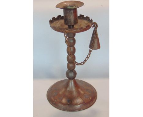 Goberg German wrought iron candlestick with turreted drip tray and bobbin column, with snuffer on a chain, 22cm high