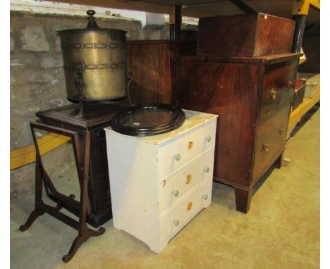 A small painted pine chest of three long drawers, a Georgian style toilet mirror, an Edwardian restrained Arts &amp; Crafts a