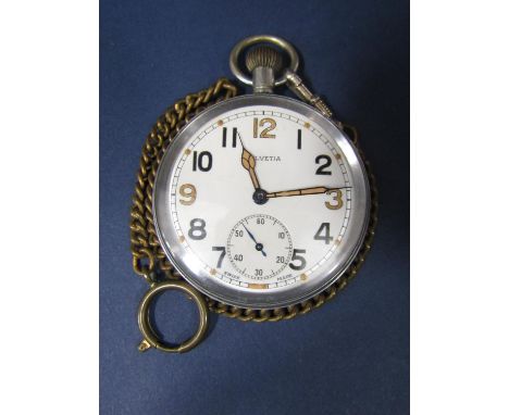 World War II military pocket watch by Helvetia, the dial with coloured Arabic numerals, subsidiary second dial and lume hands