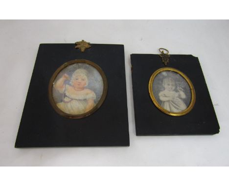 Early 19th century British school - Half length miniature&nbsp;portrait of a seated blue eyed baby wearing a coral necklace, 