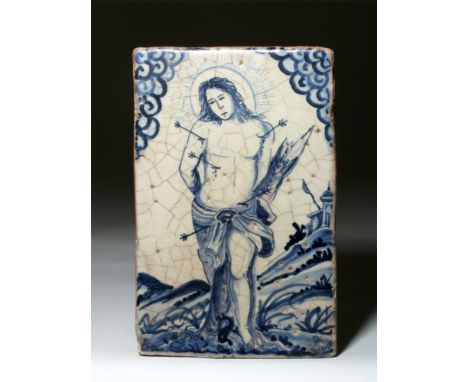 Europe, The Low Countries, ca. 1600 to 1700 CE. This is a large ceramic Delftware tile with white and blue glaze; the decorat