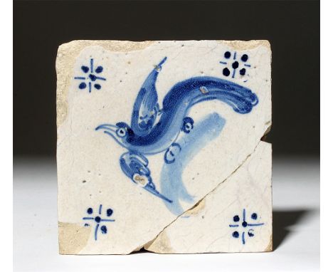 Holland (The Netherlands), 18th century CE. This is a square tile in the Delft style, with applied white glaze and decorated 