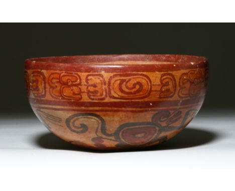 Pre-Columbian, Mayan Territories, El Salvador, Copador, ca. 550 to 900 CE. A playful Mayan Copador polychrome terracotta bowl