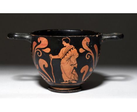 Magna Graecia, Western Italy, Paestan, ca. 400 to 350 BCE.  Attractive red-figure skyphos (wine cup) most likely produced in 
