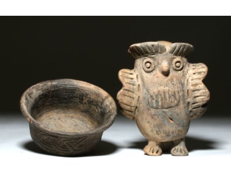 Pre-Columbian, Maya, probably Classic Period, ca. 250 to 900 CE. This is a pair of Mayan pottery objects. One, an impressed b