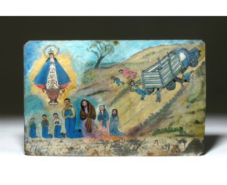 Latin America, Mexico, ca. 1950 CE. A dramatic ex-voto painted on heavy gauge tin depicting what appears to be a family of se