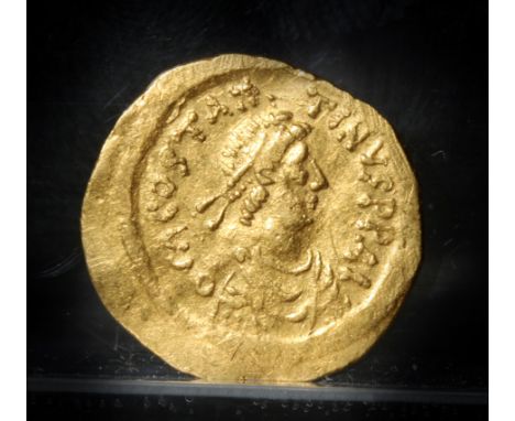 Constantinople, Byzantine Empire, ca. 668 - 685 CE.  Solid high karat gold coinage (tremissis) with portrait of Constantine I