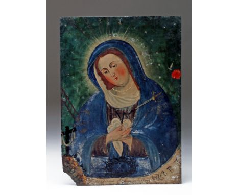 Latin America, Mexico, dated 1868 CE. A beautiful Mexican retablo depicting the Mater Dolorosa, a popular subject venerating 