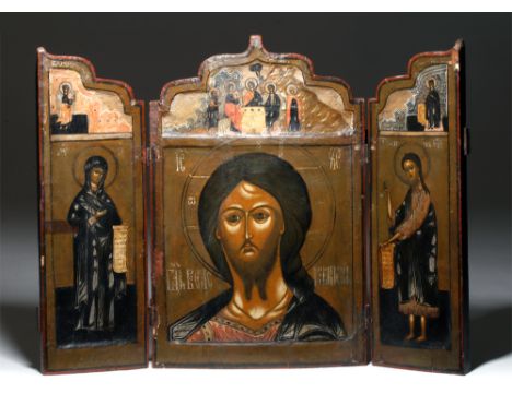 Russia, 18th to 19th century CE. This is a wooden triptych with oil paint done in shades of brown with red highlights depicti