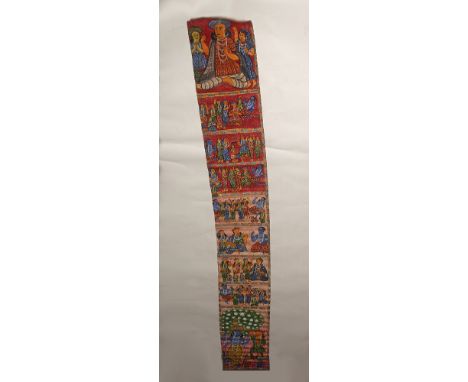 India, ca. late 19th to early 20th century CE. This is a colorful narrative scroll painted in bright reds, blues, yellows, gr