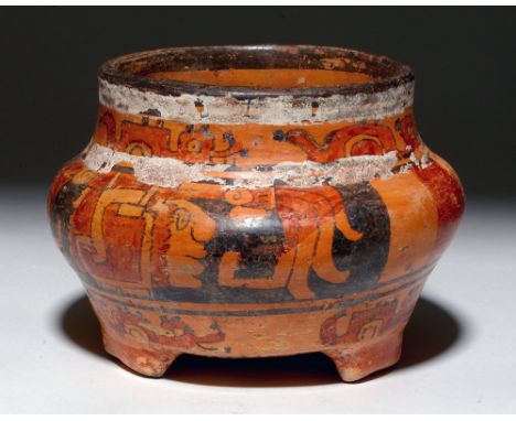 Pre-Columbian, Honduras, Ulua Valley, ca. 500 to 900 CE. An impressive and intricately decorated polychrome pottery tripod ol