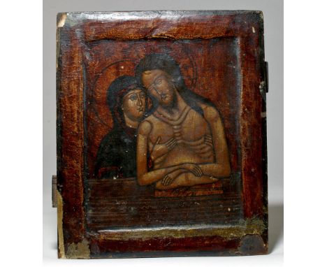 Russia, ca. 18th to early 19th century CE. A wondrously touching Russian Orthodox icon depicting Mary holding Jesus after he 