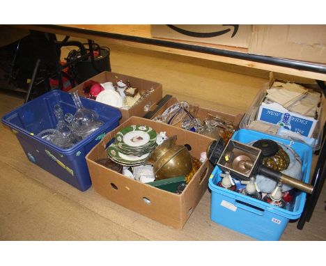 Six boxes of assorted china, carriage lamp etc.