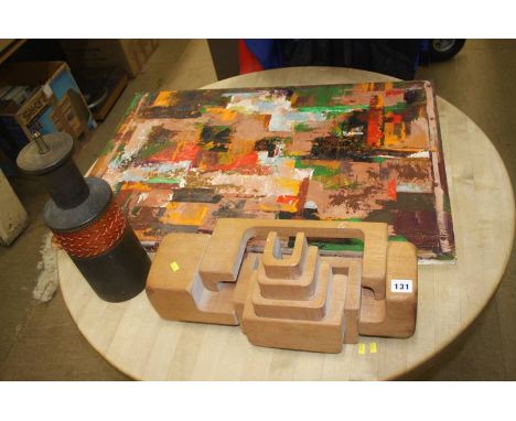 Abstract oil on canvas, sculpture and a lamp