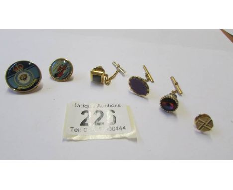 A mixed lot of tie pins set coloured stones, a Sheringham lifeboats pin badge and an RAF pin badge.