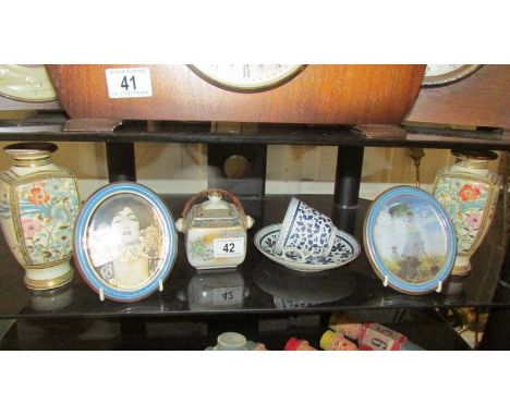 2 Goebel wall plaques, a pair of oriental vases (1 a/f), a jam pot, cup and saucer etc.,