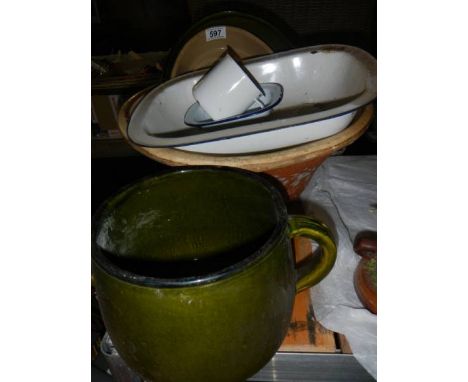 A mixed lot of enamel pots etc., COLLECT ONLY.