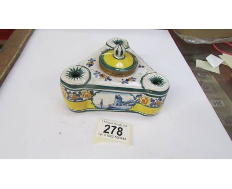 A ceramic triangular ink well, a/f.