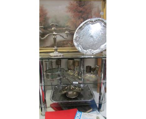 A mixed lot of silver plate including candelabra, trays etc., COLLECT ONLY.