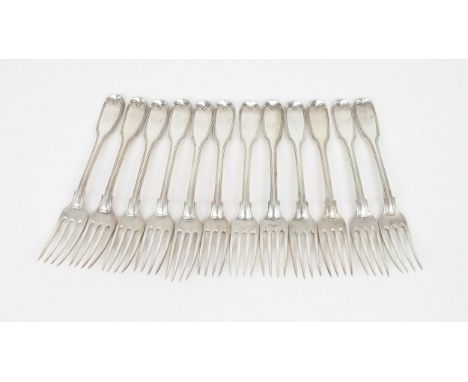 PAUL STORR; a set of twelve George III silver dessert forks, in the fiddle and thread pattern, the reverse of the terminals w