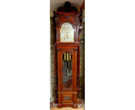 A LARGE EARLY 20TH CENTURY LONGCASE CLOCK with brass and silvered 14" dial with Roman numerals, silvered subsidiary dial bear