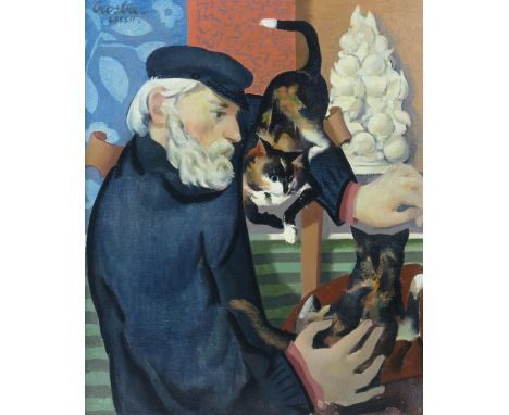 WILLIAM CROSBIE RSA RGI (1915-1999) SELF PORTRAIT WITH CATS Oil on board, signed upper right, inscribed, 59 x 49cm (23.25 x 1