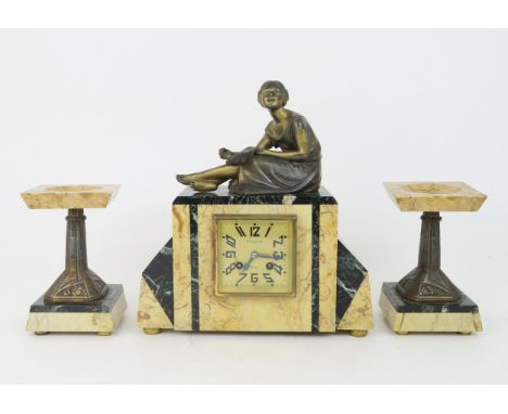 A FRENCH ART DECO CLOCK GARNITURE the marble clock mounted with a spelter figure of a girl, the movement stamped J.S. France,