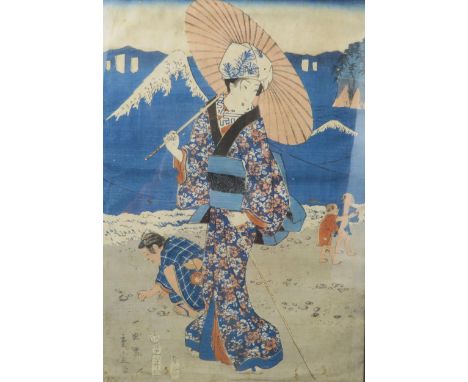 SHIGENOBU (1787-1832) An Oban tate-e woodblock print of a geisha, signed to the lower left, 36 x 24cm,&nbsp; another of two g