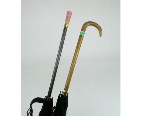 AN EDWARDIAN HORN-HANDLED PARASOL WITH GUILLOCHE ENAMEL COLLAR BY BRIGG OF LONDON Together with another Edwardian parasol wit