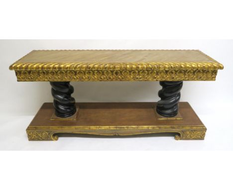 A 20TH CENTURY GILTWOOD AND MAHOGANY ALTAR TABLE with parquetry top over carved giltwood friezes on twin barley twist pedesta