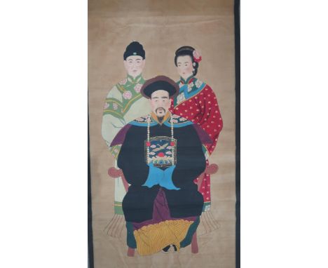 A CHINESE ANCESTRAL&nbsp;FAMILY PORTRAIT&nbsp; Painted with a mandarin and children, gouache, 196 x 95cm Condition Report:pap