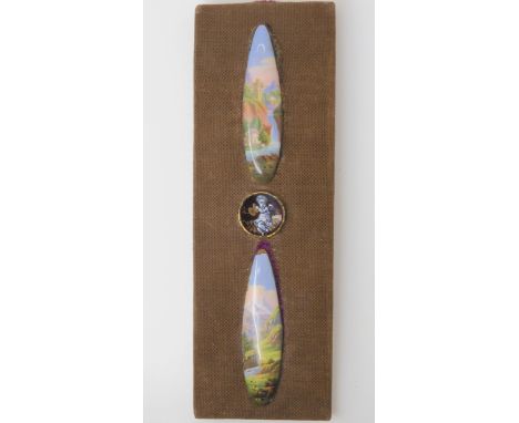 PAINTED ENAMEL PLAQUES the drop shapes would be suitable mounted as earrings, painted with landscapes, dimensions 4cm x 1cm, 