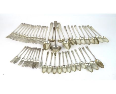 A PART SUITE OF LATE VICTORIAN SCOTTISH SILVER HANOVERIAN PATTERN CUTLERY comprising a soup ladle, 12.5in, two basting spoons