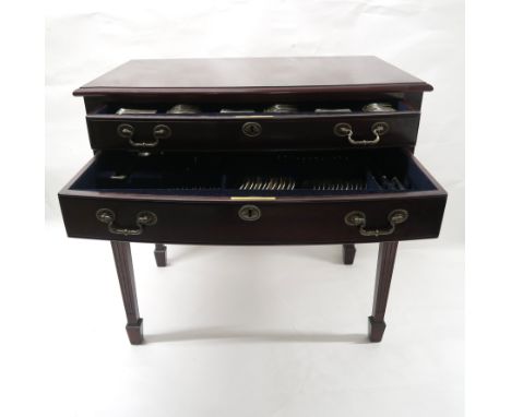 AN ELIZABETH II TWO DRAWER MAHOGANY CANTEEN OF SILVER HALLMARKED CUTLERY comprising a twelve piece suite including twelve tab