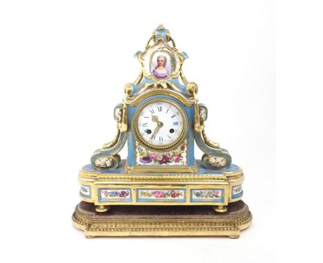 A SEVRES STYLE PORCELAIN MANTLE CLOCK the circular white enamel dial, with blue roman numerals and minute numbers, marked for
