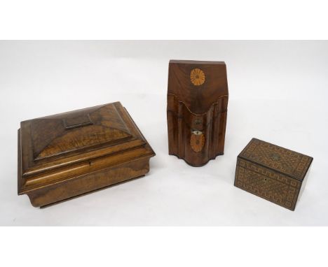 A GEORGE III MAHOGANY KNIFE BOX Converted to a stationary box, chequer band-inlaid, of serpentine form; an impressive Victori