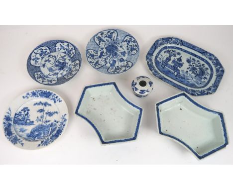 A PAIR OF CHINESE BLUE AND WHITE HEXAGONAL SHAPED DISHES  Painted with phoenix and foliage and on bracket feet, 26.5cm wide, 