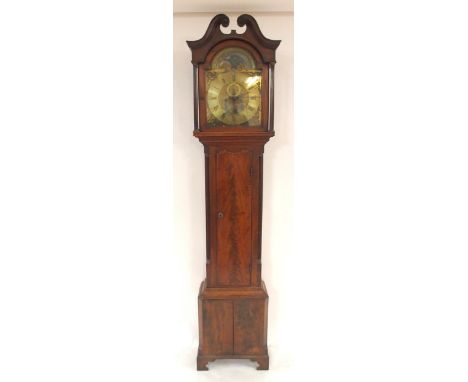 A GEORGIAN MAHOGANY CASED WILLIAM BARKER WIGAN MOONPHASE LONGCASE CLOCK with 14 inch brass dial with silvered raised chapter 