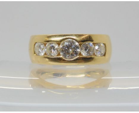 A SUBSTANTIAL FIVE STONE DIAMOND RING set with estimated approx 1.50cts of diamonds, four 0.25cts and one 0.50cts, to the wid