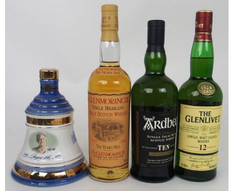 SCOTCH SINGLE MALT WHISKY  ARDBEG TEN YEAR OLD, GLENMORANGIE TEN YEAR OLD, GLENLIVET 12 YEAR OLD together with a Bells 1900 t