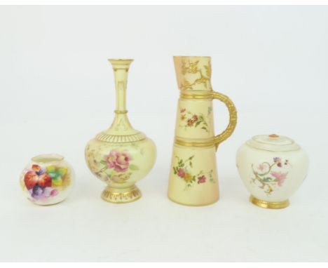 A COLLECTION OF ROYAL WORCESTER PORCELAIN including a Kitty Blake bramble painted flower vase, shaped number G161, and three 