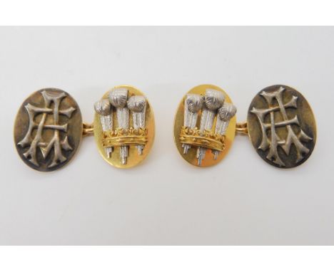 A PAIR OF PRINCE OF WALES FEATHER CUFFLINKS craftsman made in yellow and white metal with AE monogram to one side and 'The Th
