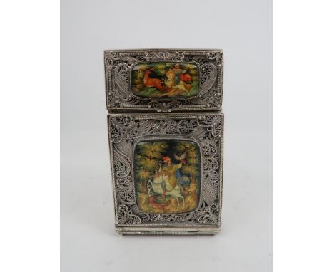 A RUSSIAN SILVER AND PAPIER-MÂCHÉ CIGARETTE CASE of rectangular form, the body of fine filigree work, with gadrooned borders,