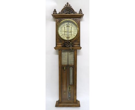 A LATE 19TH CENTURY OAK INVT TORRICELLI IMPROVED BAROMETER with carved surmount over glazed circular dial over glazed compart