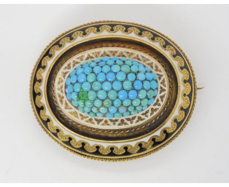 A VICTORIAN TURQUOISE BROOCH in original fitted box from Lee & Son Belfast. The brooch is made in yellow metal with locket ba